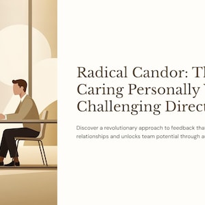 May include: An illustration depicting two individuals seated at a table, engaged in a discussion. The image includes the text "Radical Candor: The Art of Caring Personally While Challenging Directly". The background is a beige colour.