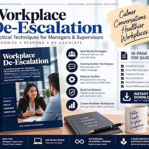 Op de afbeelding: Een digitaal product voor een 16-pagina tellende PDF-gids over de-escalatie op de werkvloer. De afbeelding toont de omslag van de gids, een lijst met strategieën, een zwart notitieboek met een pen en een witte mok met de tekst Better People Brighter Workplaces.