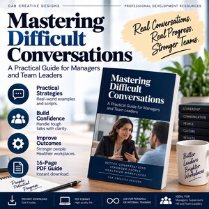 Puede incluir: Una guía PDF de 16 páginas titulada Mastering Difficult Conversations: A Practical Guide for Managers and Team Leaders. La portada presenta un fondo azul oscuro con texto blanco, una foto de dos personas hablando y el texto Better Conversations, Stronger People, Healthier Workplaces. Una taza blanca con el texto Better Leaders, Brighter Workplaces se encuentra al lado.