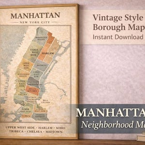 May include: A framed vintage-style Manhattan neighborhood map. The map is in muted tones of beige, blue, and orange, with neighborhood names labeled. Text on the map includes "Manhattan, New York City." Additional text reads "Vintage Style Borough Map" and "Manhattan Neighborhood Map."