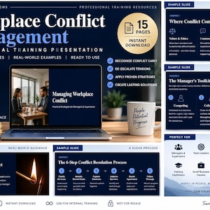 May include: A digital workplace conflict management training presentation featuring a laptop displaying a meeting, a white mug with text, and multiple sample slides detailing a 6-step resolution process, professional strategies, and team development resources.