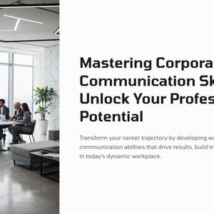 Puede incluir: Una reunión de negocios en una oficina moderna. La imagen incluye el texto "Dominar las habilidades de comunicación corporativa: Desbloquee su potencial profesional". Un grupo de personas están sentadas alrededor de una mesa.