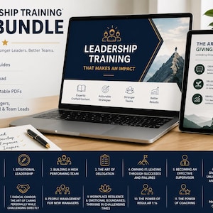 May include: A laptop and tablet display a leadership training PDF bundle. The laptop screen shows "Leadership Training" with icons for content, strategies, and results. The tablet displays "The Art of Giving Feedback". A notepad, pen, and mug are also visible.