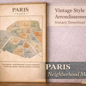 May include: A framed vintage-style map of Paris, France, showing the city's arrondissements in muted colors. The map includes the text "PARIS" and "FRANCE" at the top, with neighborhood names listed below. The words "Vintage Style Arrondissements Instant Download" are also visible.