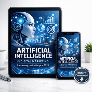 May include: A tablet and smartphone display the cover of a digital marketing ebook. The cover features a futuristic woman's face, the words "ARTIFICIAL INTELLIGENCE" and "IN DIGITAL MARKETING". The ebook promises to transform the landscape in 2026.