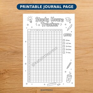 May include: A black and white printable journal page titled Study Hours Tracker. The layout features a grid with rows numbered 1 through 31 and columns for months, alongside a legend with checkboxes for hourly ranges, decorated with icons of a lightbulb, graduation cap, pen, pencil, ruler, and coffee cup.