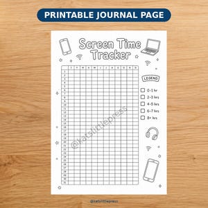 Peut inclure: Une page de journal imprimable en noir et blanc intitulée Screen Time Tracker. La mise en page comprend une grille pour suivre l'utilisation quotidienne des écrans par mois, une légende avec des intervalles de temps et des icônes de smartphone.