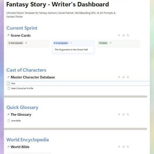 以下が含まれることがあります： 「The Writer's Operating System」と題された、作家向けのデジタルダッシュボード。シーンカード、キャラクターデータベース、世界百科事典など、ファンタジーの物語を計画するためのセクションが含まれています。「Stop drowning in sticky notes.」というテキストが表示されています。