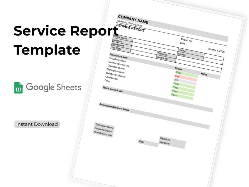 Service Report Template | Google Sheets | Printable A4 | Maintenance ...