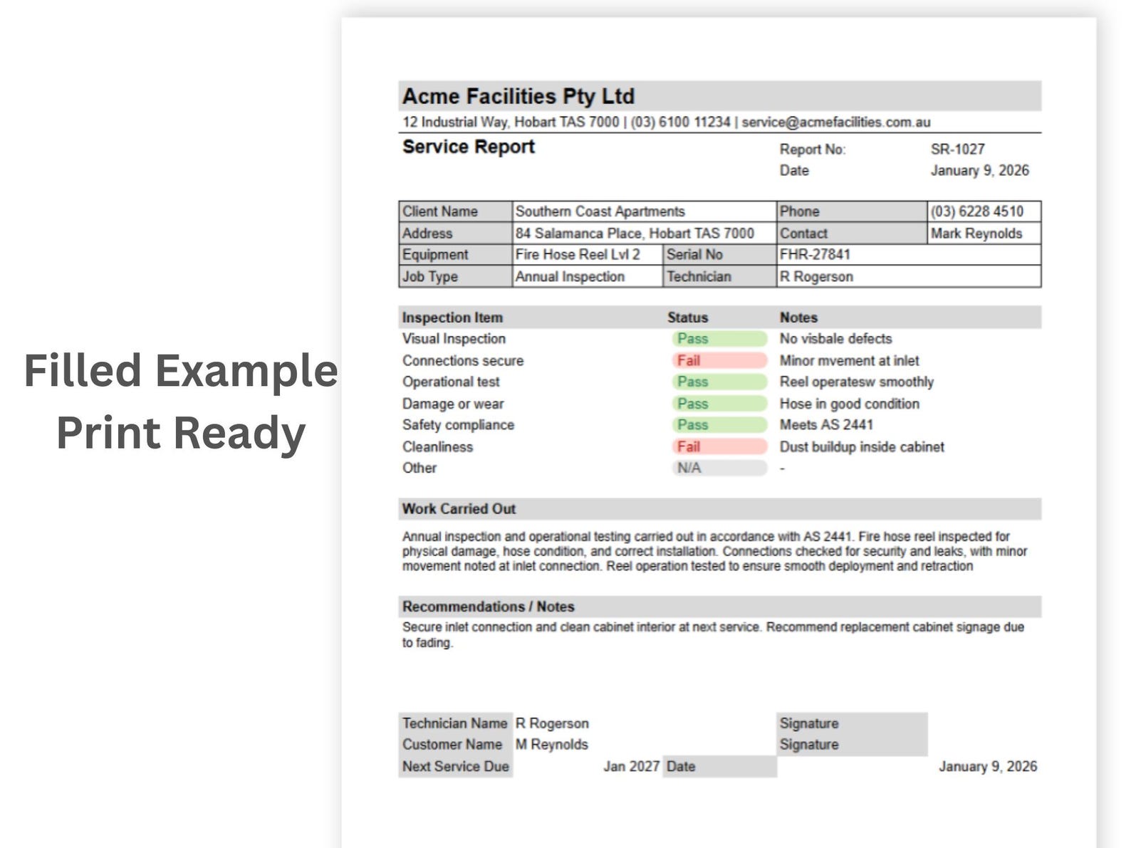 Service Report Template | Google Sheets | Printable A4 | Maintenance ...