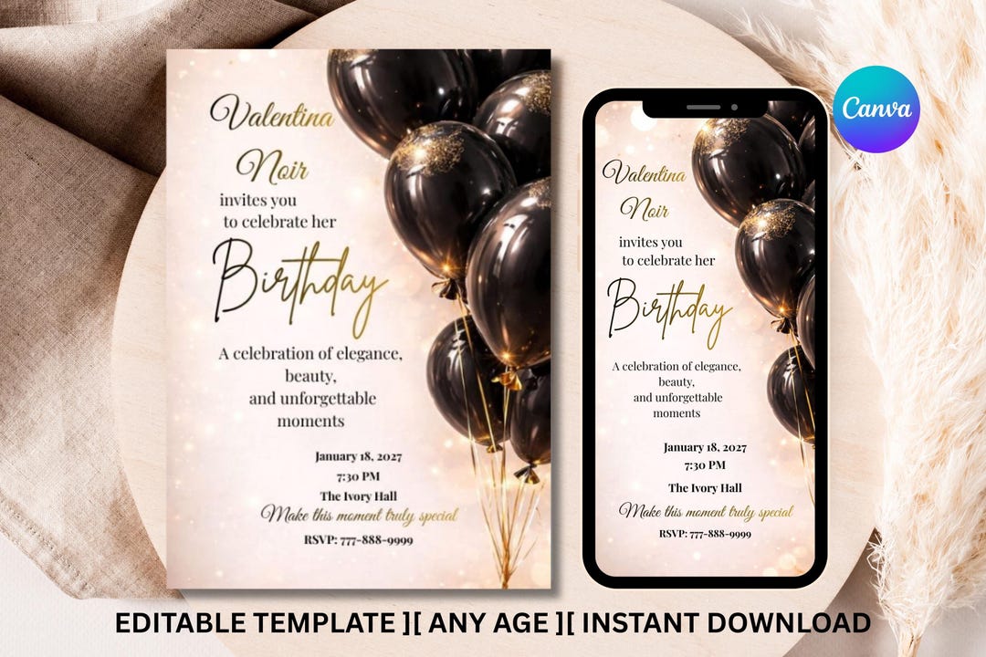 Black Gold Birthday Invitation Template, Editable Canva Invite, Elegant ...
