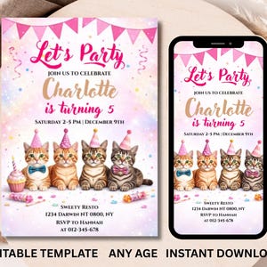 May include: A pink and white birthday party invitation with the text "Let's Party" and "Charlotte is turning 5". The invitation features illustrations of cats wearing party hats. A smartphone displays the same invitation.