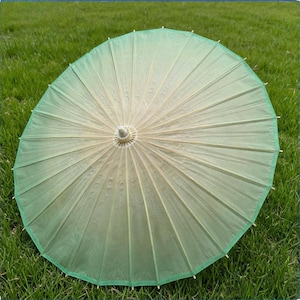 Puede incluir: Un parasol de papel verde claro abierto, sobre hierba verde. El parasol tiene una combinación de colores verde claro y crema, con un borde verde oscuro. Las varillas son visibles, irradiando desde el centro.