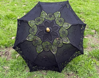 Schwarzer Spitzen-Sonnenschirm, Gothic Hochzeit, viktorianisches Braut-Accessoire, Baumwolle Bambus Rahmen