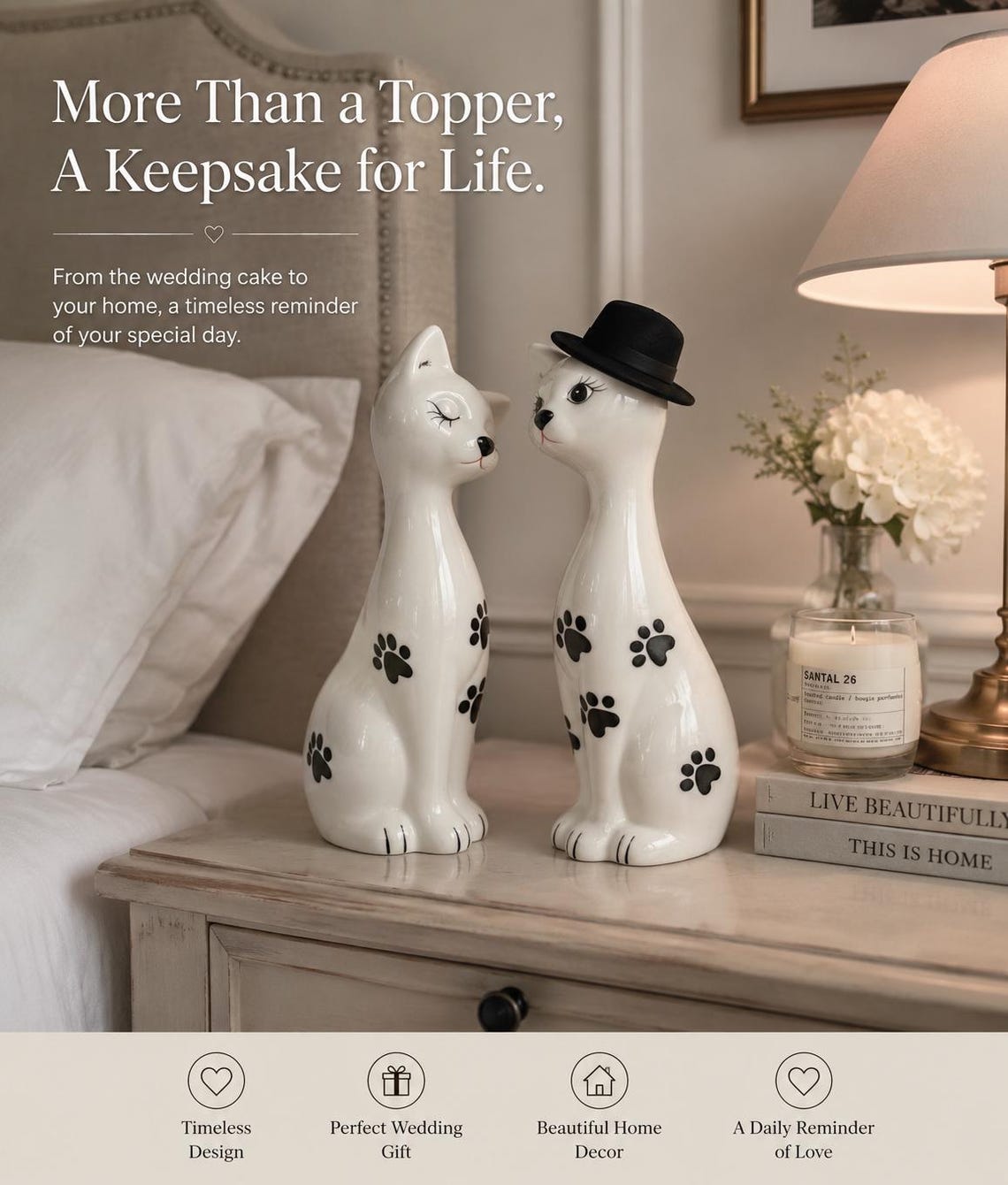 Ceramic Cat Wedding Cake Topper, Bride Groom Figurines, Keepsake Home ...