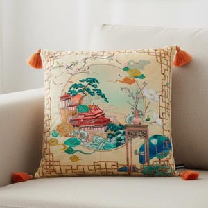 Lebhafter Kissenbezug im japanischen Stil mit Bunten Quasten, Luxuriöser Asiatischer Kunst Kissenbezug, Kranich & Blumen Kissenbezug