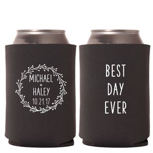 Wedding Can Coolers Best Day Ever Rustic Wedding Personalized for Bride and Groom with Wedding Date FREE Standard Shipping image 1