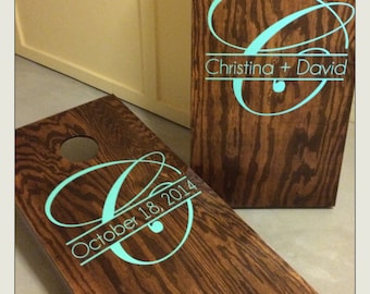 Wedding Day Monogram and Personalized Vinyl Decal Set for Cornhole Game Boards