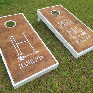 Mr and Mrs Wedding Decals Monogram with Arrow Wedding Date Vinyl Decal Set for Cornhole Game Boards Wedding Decor Rustic image 1