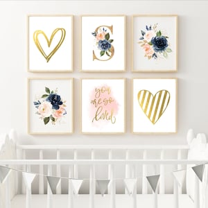 Blush Pink and Navy Floral Art Print Set of 6 | DIY Digital Print | Includes Monogram Initial | Nursery Decor | Size 8x10 and 11x14