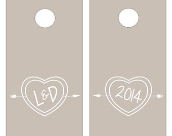 Carved Heart Bride & Groom Initials with Wedding Date Vinyl Decal Set for Cornhole Game Boards