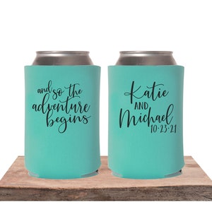 and so the adventure begins Wedding Can Coolers Wedding Can Coolies Personalized Wedding Favors image 3