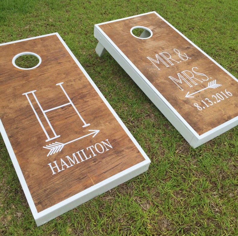 Mr and Mrs Wedding Decals Monogram with Arrow Wedding Date Vinyl Decal Set for Cornhole Game Boards Wedding Decor Rustic image 1