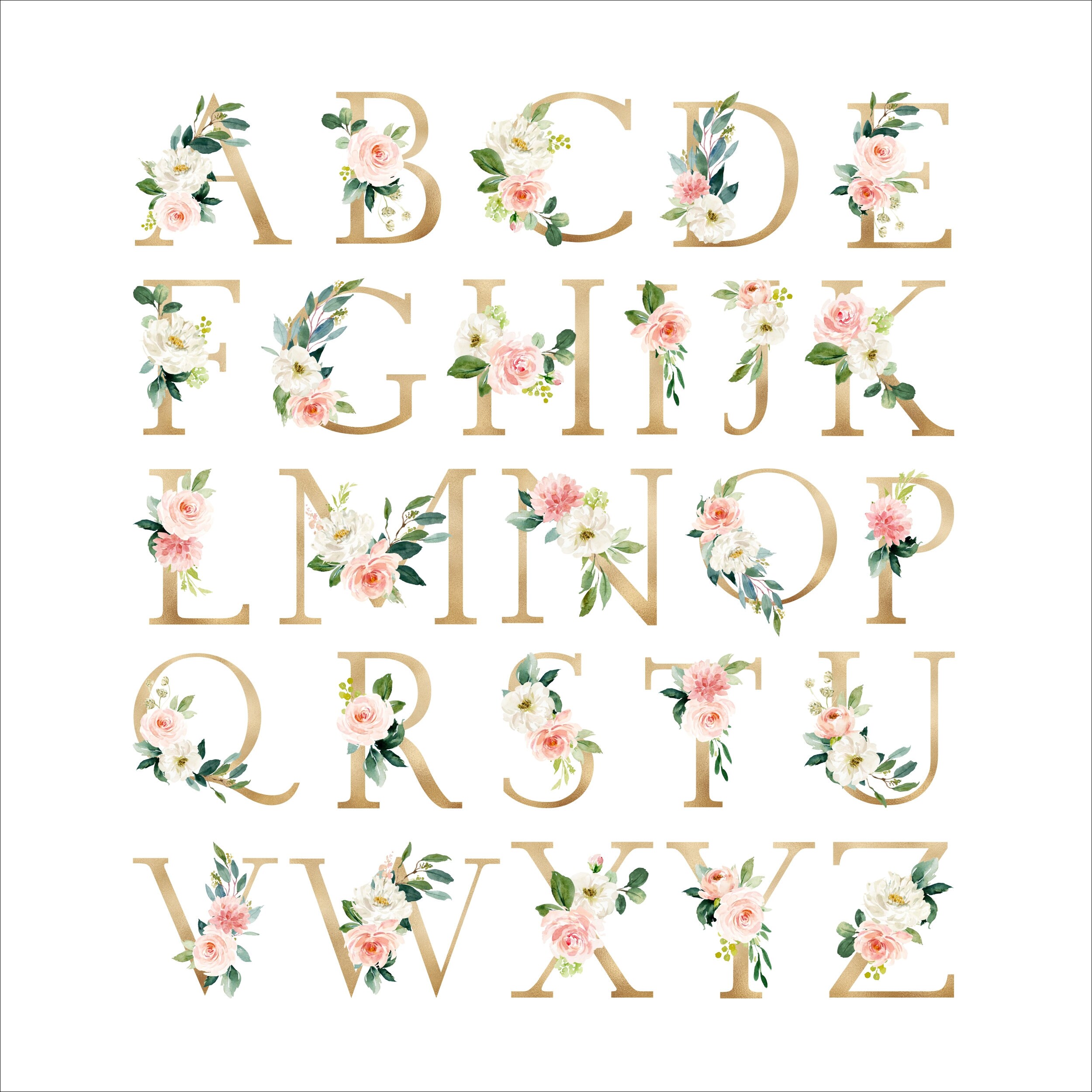 Watercolor Floral Monogram Art Print | Pink & Gold Floral Letter