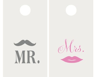 Mr. & Mrs. Decal Set | Mustache and Lips Vinyl Decal Set for Cornhole Game Boards | Wedding Decal Set