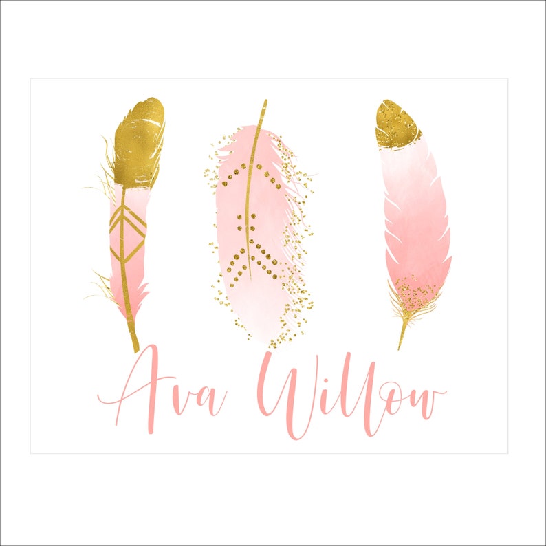 Pink and Gold Feathers Art Print Personalized Boho Nursery Print She is Fierce Nursery Decor image 3