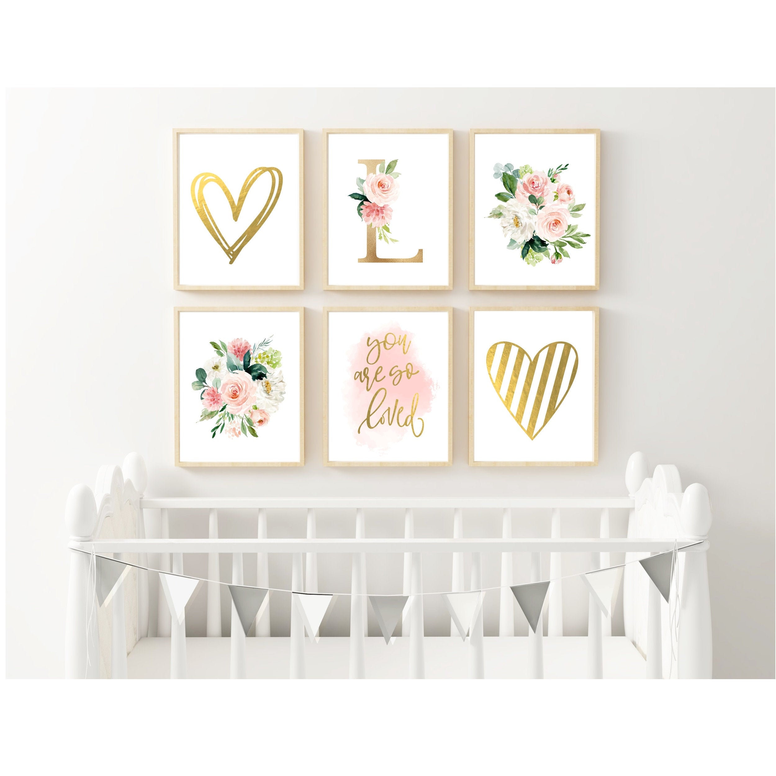 Blush Pink Nursery Floral Monogram Watercolor Letter Nursery Initial Art Floral Nursery with Flowers Light Pink Gold Baby Girl Nursery Art