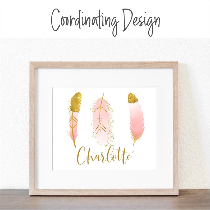 Pink and Gold Feathers Art Print Personalized Boho Nursery Print She is Fierce Nursery Decor image 2