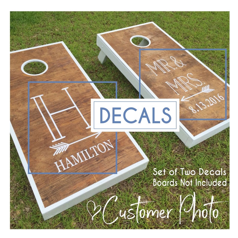 Mr and Mrs Wedding Decals Monogram with Arrow Wedding Date Vinyl Decal Set for Cornhole Game Boards Wedding Decor Rustic image 2
