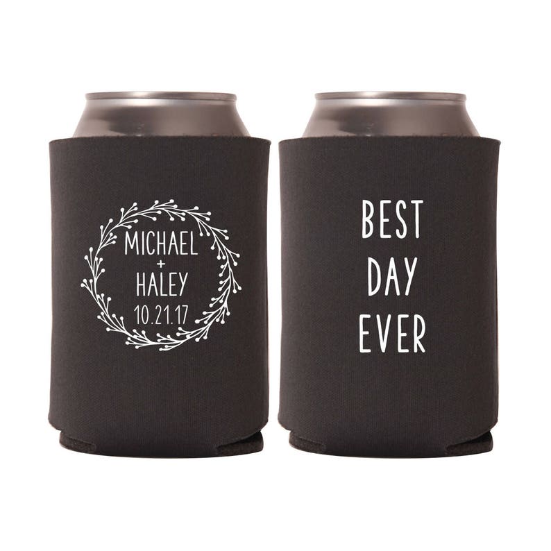 Wedding Can Coolers Best Day Ever Rustic Wedding Personalized for Bride and Groom with Wedding Date FREE Standard Shipping image 1