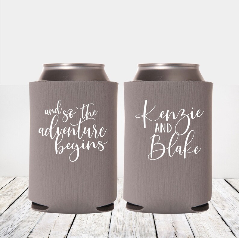 and so the adventure begins Wedding Can Coolers Wedding Can Coolies Personalized Wedding Favors image 1