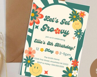 Let's get Groovy Birthday party invite digital template size 5x7