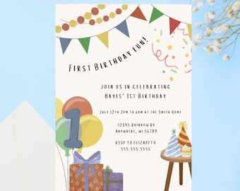 Vintage Classic First Birthday Invitation Digital Template size 5x7