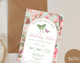 Butterfly Birthday party invite digital template size 5x7