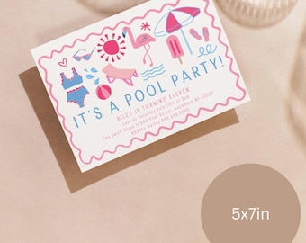 Pool party girls Invitation Digital Template size 5x7