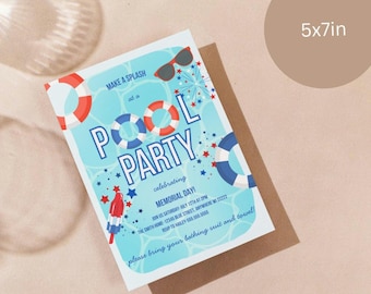 Patriotic Pool party Invitation Digital Template size 5x7