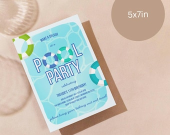 Pool party kids Birthday Invitation Digital Template size 5x7