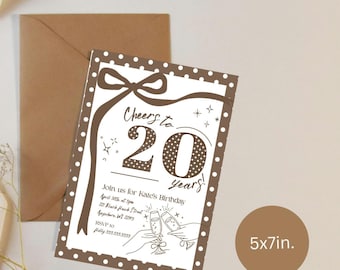 Cheers to 20 years polkadot bow birthday invitation digital template 5x7in