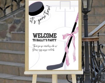 Hockey it's game time girl Birthday Party Sign Editable Template 18x24in (3:4 proportion sized)