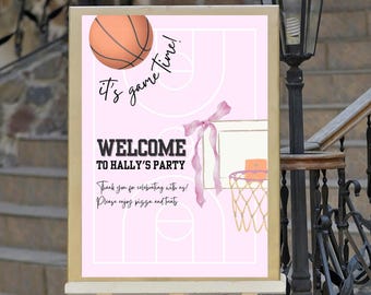 Basketball it's game time girl Birthday Party Sign Editable Template 18x24in (3:4 proportion sized)