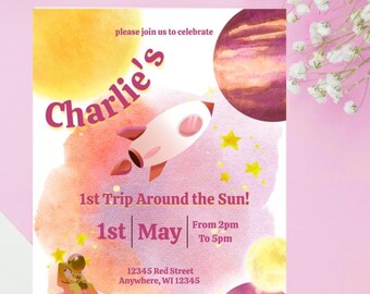 Trips around the Sun space girls Birthday Invitation Digital Template size 5x7