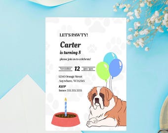 Let's Pawty St.Bernard Dog Birthday Invitation Canva digital Template. 5x7in