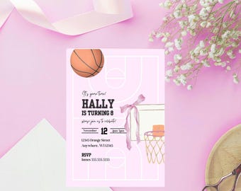 Basketball It's game time girls Birthday Invitation Digital Template size 5x7