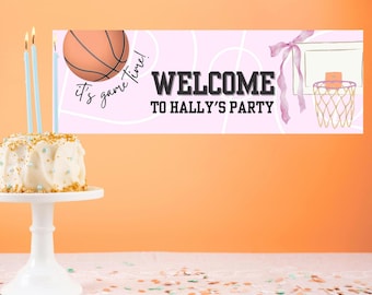 Basketball it's game time girl Birthday Party Banner Editable Template 24x72in (2x6ft)