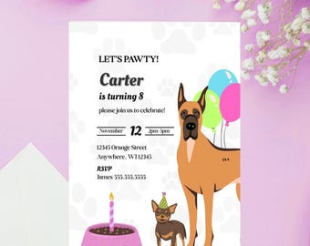 Let's Pawty Dog Birthday Invitation Canva digital Template. 5x7in