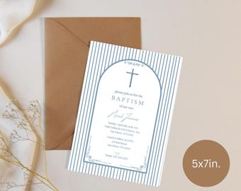 Blue Striped Classic Arched Baptism Invite Digital Template 5x7in